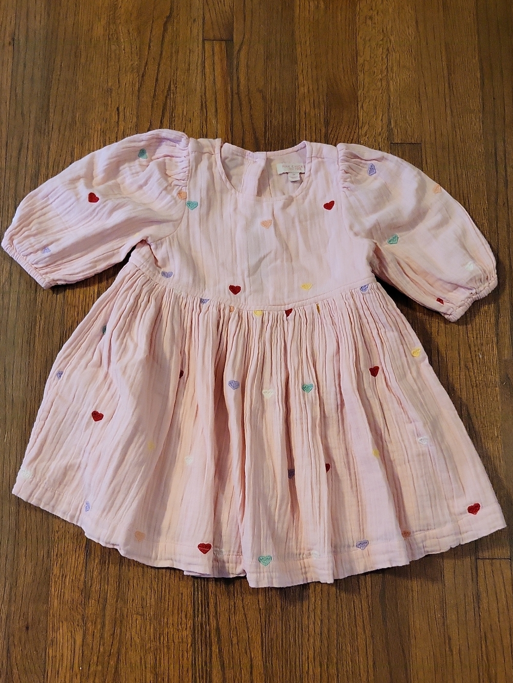 Pink Chicken Light Pink Cotton Dress with Multicolor Heart Embroidery
